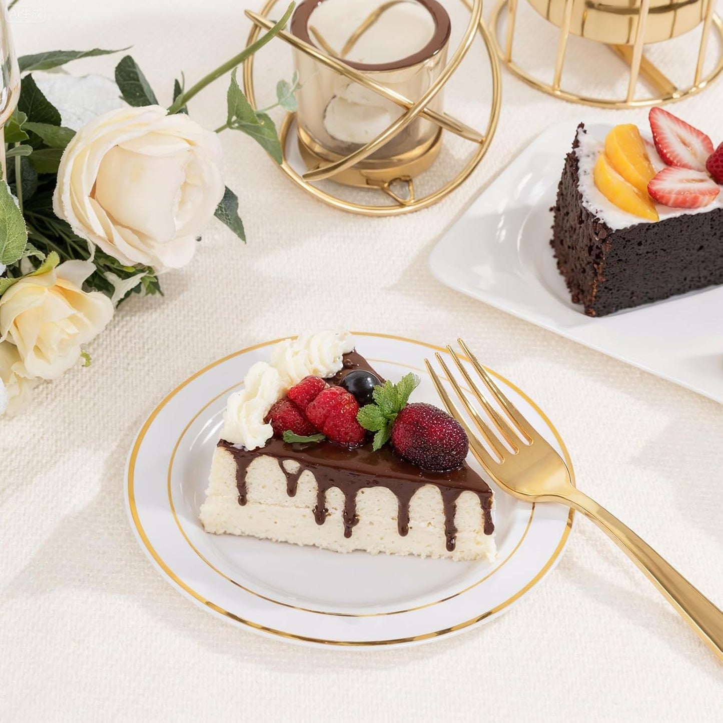 bUCLA 200PCS Gold Plastic Plates - 6.25inch White with Gold Trim Disposable Salad/Dessert/Appetizer/Small Cake Plates, Ideal for Wedding & Party