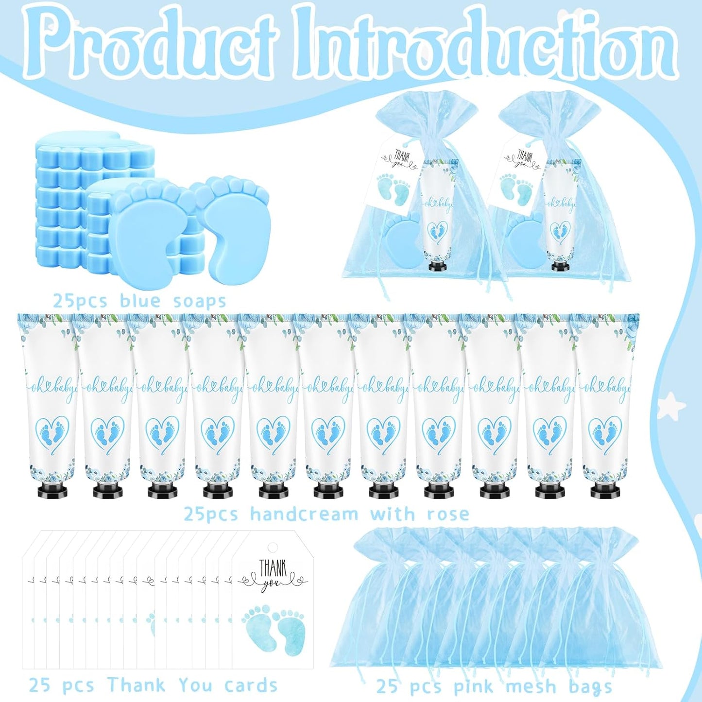 25 Sets Baby Shower Favors for Guests Hand Cream Baby Feet Scented Soap Party Favors Blue Baby Shower Guests Gifts with Organza Bags and Thanks Tags for Baby Shower Wedding Party