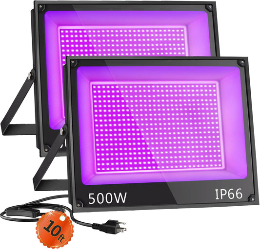 500W Waterproof Blacklight Flood Light with 10ft Cord+Switch, Aluminum Shell, IP66 Outdoor LED Black Lights for Large Space, Glow Party, Halloween, Stage, Aquarium, Poster, Body Paint, 2 Pack