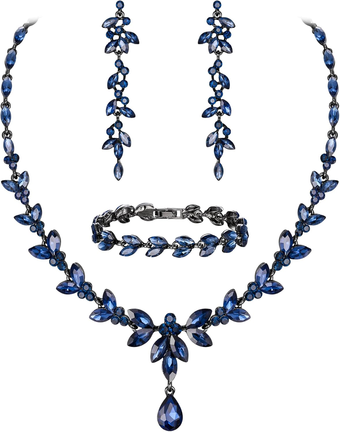 EVER FAITH Austrian Crystal Bridal Bridesmaid Jewelry Sets, Elegant Marquise Rhinestone Leaf Necklace Dangle Earrings Tennis Bracelet Set for Women