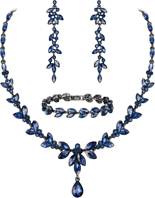EVER FAITH Austrian Crystal Bridal Bridesmaid Jewelry Sets, Elegant Marquise Rhinestone Leaf Necklace Dangle Earrings Tennis Bracelet Set for Women
