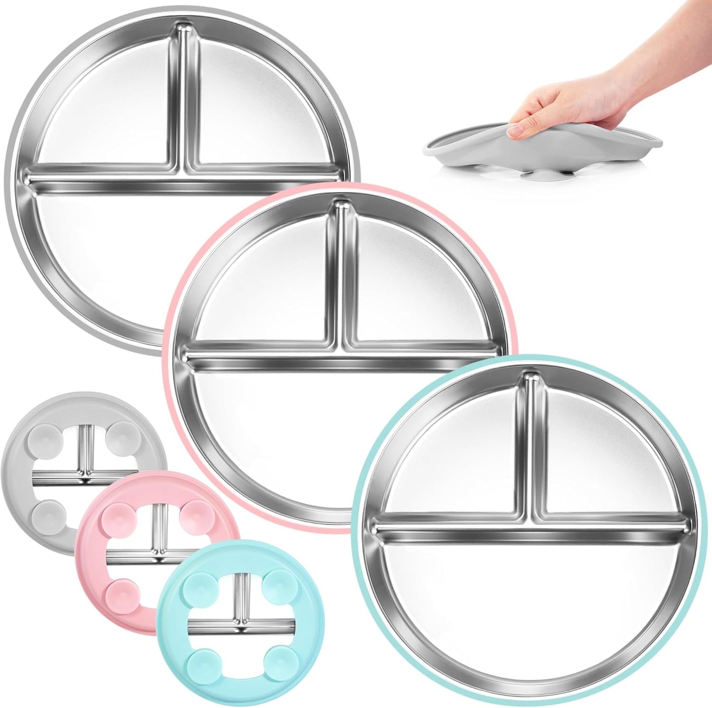 Bella's Friends Stainless Steel Toddler Plates Silicone Suction,3 Packs Non-Slip Baby Plates,Divided Portion,Food-Grade Silicone Plate for Kids,LEAD-FREE Dishwasher Safe,Grey Green Pink