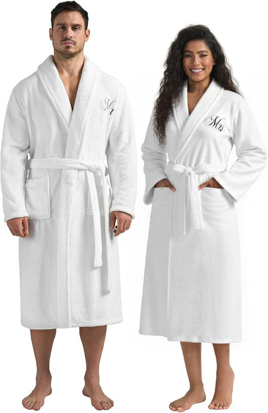 AW BRIDAL 2Pcs Mr and Mrs Robes for Couples Fleece, Matching Long Hooded Robes for Men Women, His and Hers Wedding Gifts