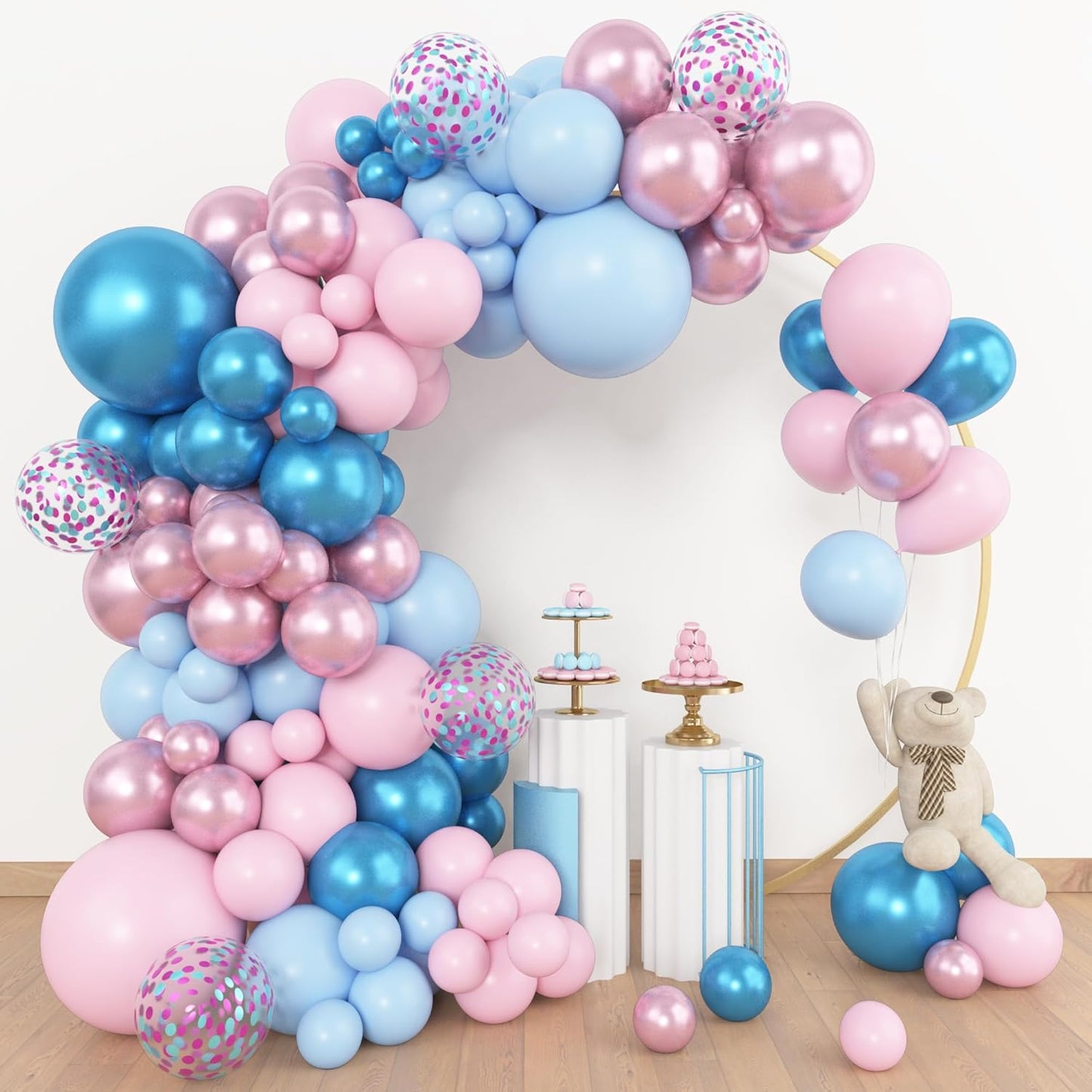 Amandir 153pcs Pink Blue Balloon Garland Arch Kit, Different Sizes 18 12 10 5 inch Metallic Pink Blue Latex Confetti Balloons for Boy Girl Gender Reveal Neutral Baby Shower Birthday Party Decoration