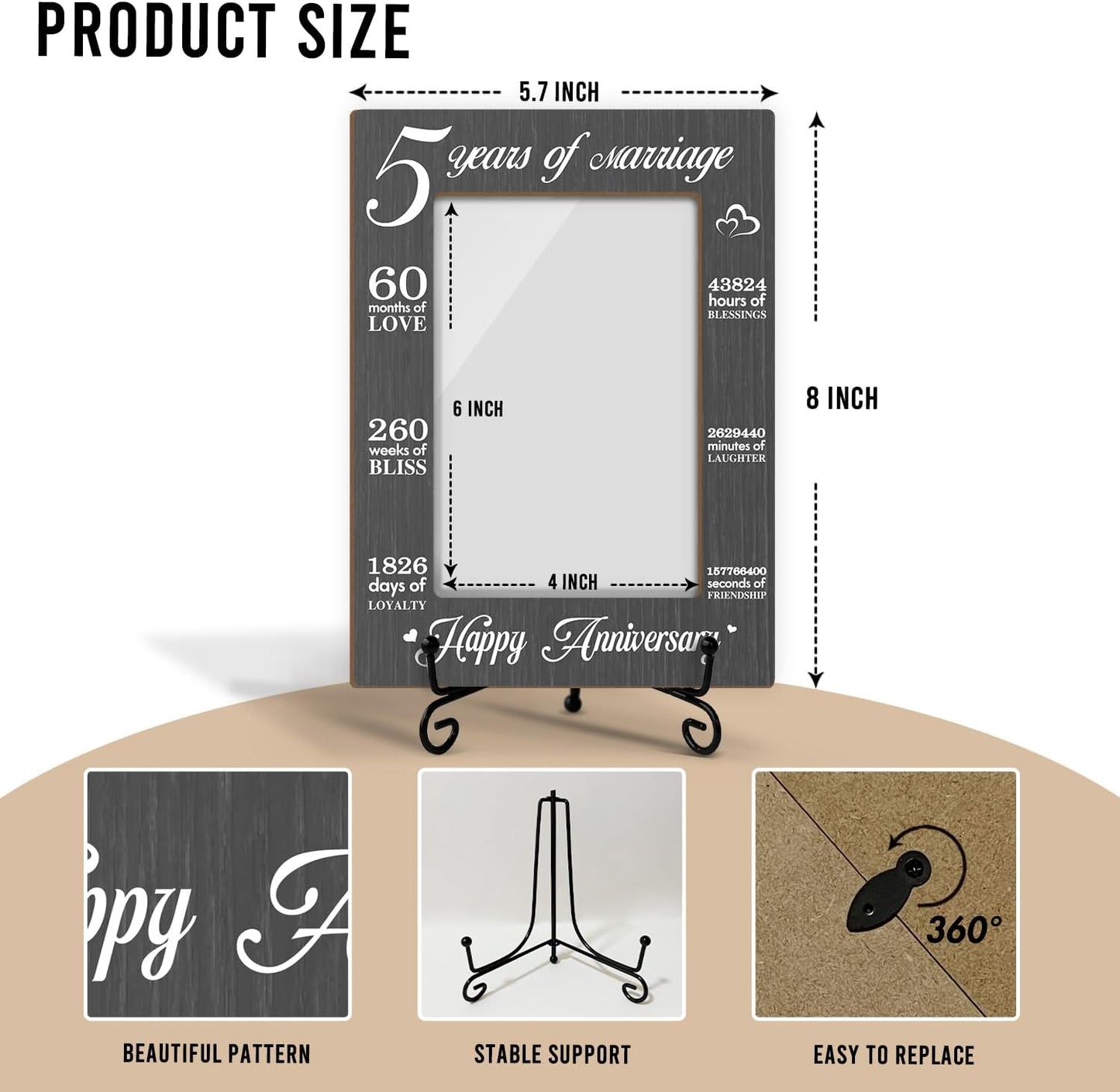 5 Years of Marriage Picture Frame, 5th Anniversary Wedding Valentines Gifts For Couple Husband Wife, 4x6 Wooden Picture Frame Tabletop Display Home Decor -02