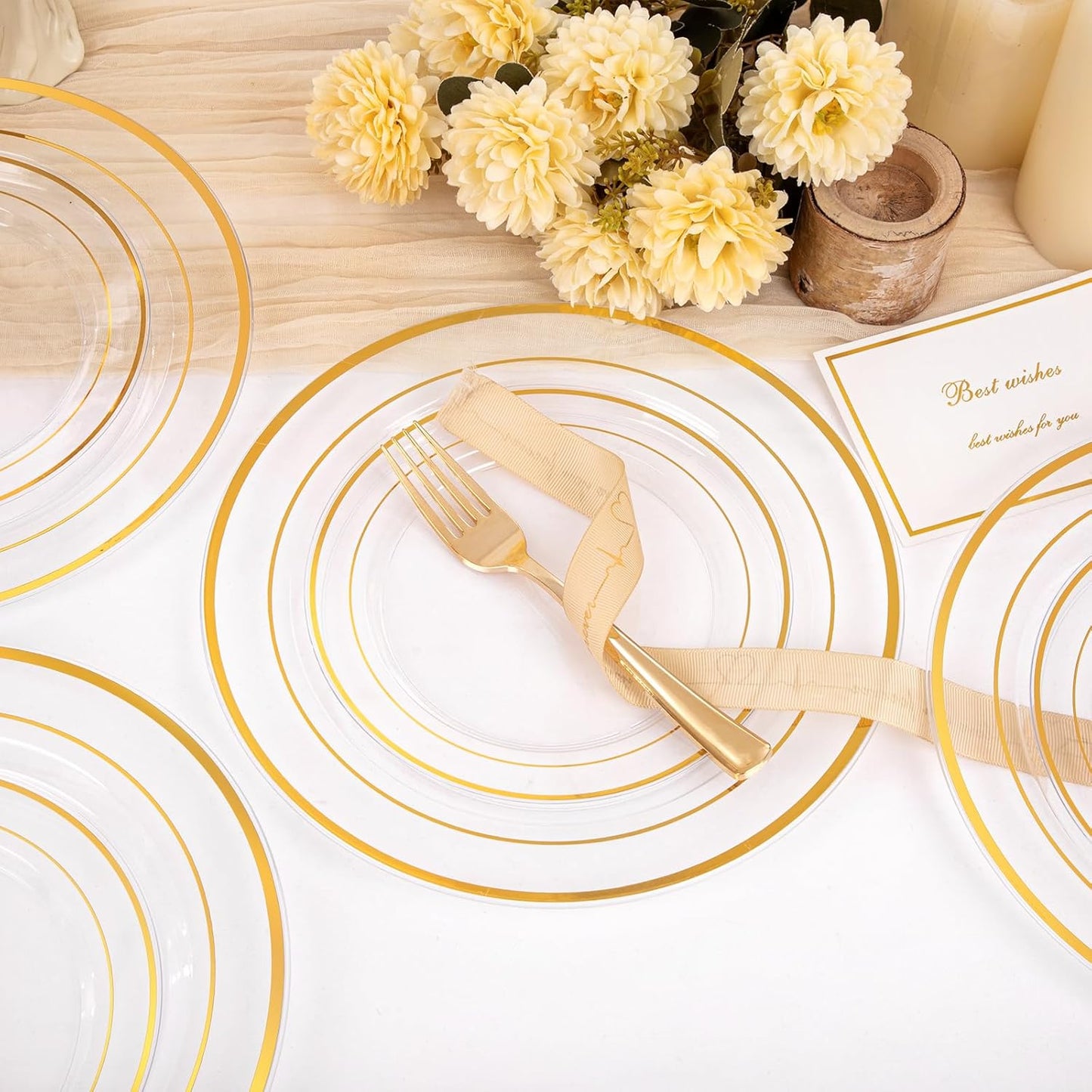 I00000 200 Pcs Clear Gold Plastic Plates - Disposable Party Plates, Gold Plate Disposable Include 100 Dinner Plate and 100 Dessert Plate, Plastic Plate for Party, Holiday, Wedding & Birthday