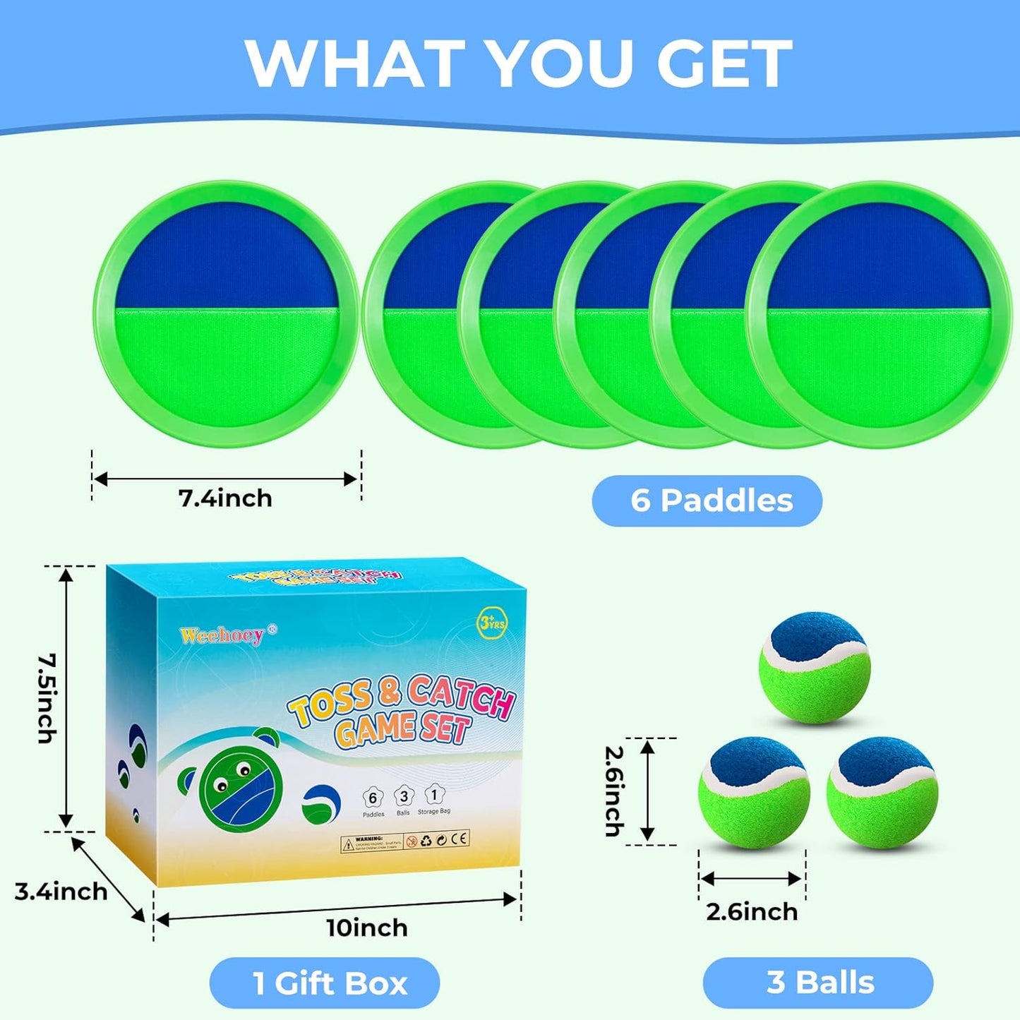 Kids Toys - Outdoor Games for Kids, Toss and Catch Ball Set with 6 Paddles 3 Balls, Gifts for 3 4 5 6 7 8+ Year Old Boys Girls Christmas Birthday, Perfect for Backyard, Parties, Camping, Family