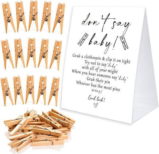 BEUFSE Don't Say Baby Game for Baby Shower Clothespin Game, One 5x7 Coated Paper Sign and 50 Natural Clothespins, Minimal Style, Gender Neutral -NDSBB08