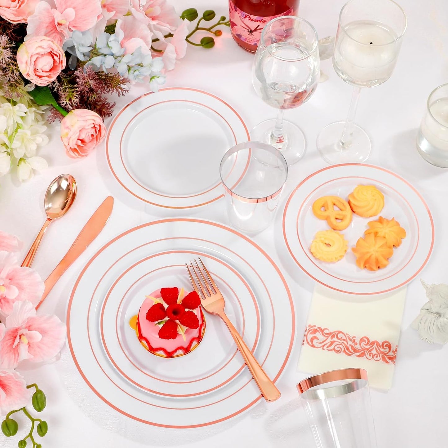 Supernal 200pcs Rose Gold Plastic Dinnerware included Disposable Flatware& Plastic Party Plates Disaposable Cups and Napkins,Perfect for Party,Birthday and Wedding