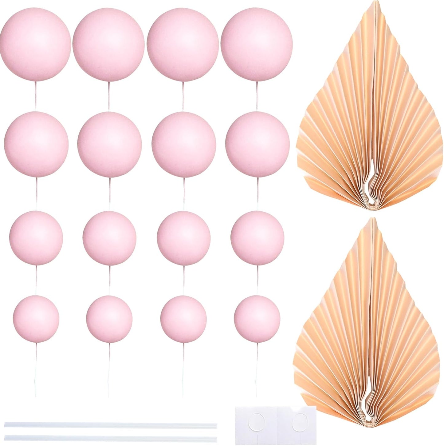 Ephlyn 28Pcs Paper Palm Fan Cake Topper Balls Cake Pick for Baby Shower Wedding Bridal Shower Birthday Party Cake Decorations Supplies Pink