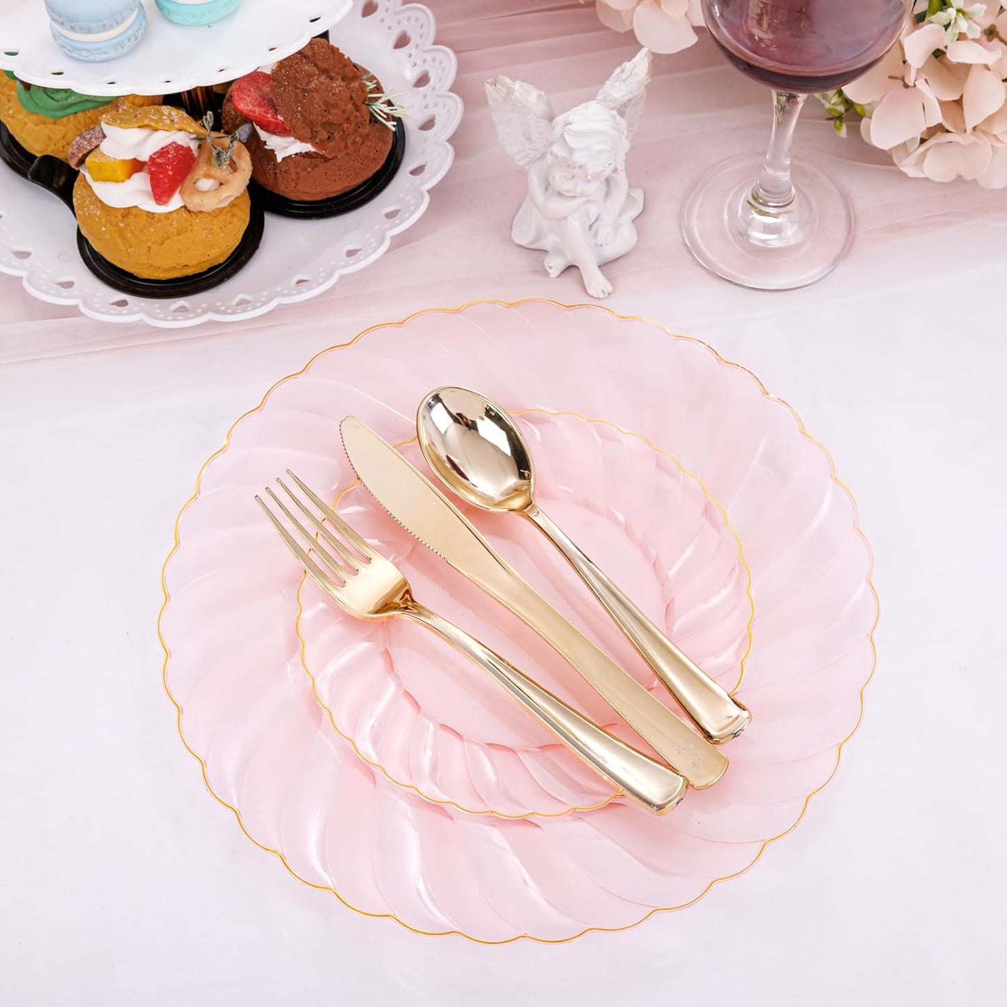 YOUBET 125Pieces Clear Pink Plastic Plates with Gold Rim - Gold Plastic Silverware Include 25 Dinner Plates 25 Dessert Plates 75 Golden Silverwares for Wedding Birthday & Parties