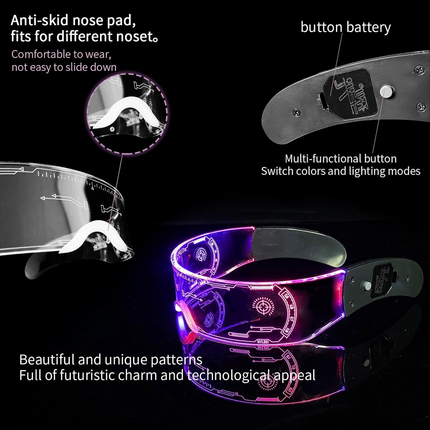 GLITCHCORE light up glasses 7 Colors and 4 Modes Led Visor Cyberpunk glow in the dark glasses Cosplay Party Bar