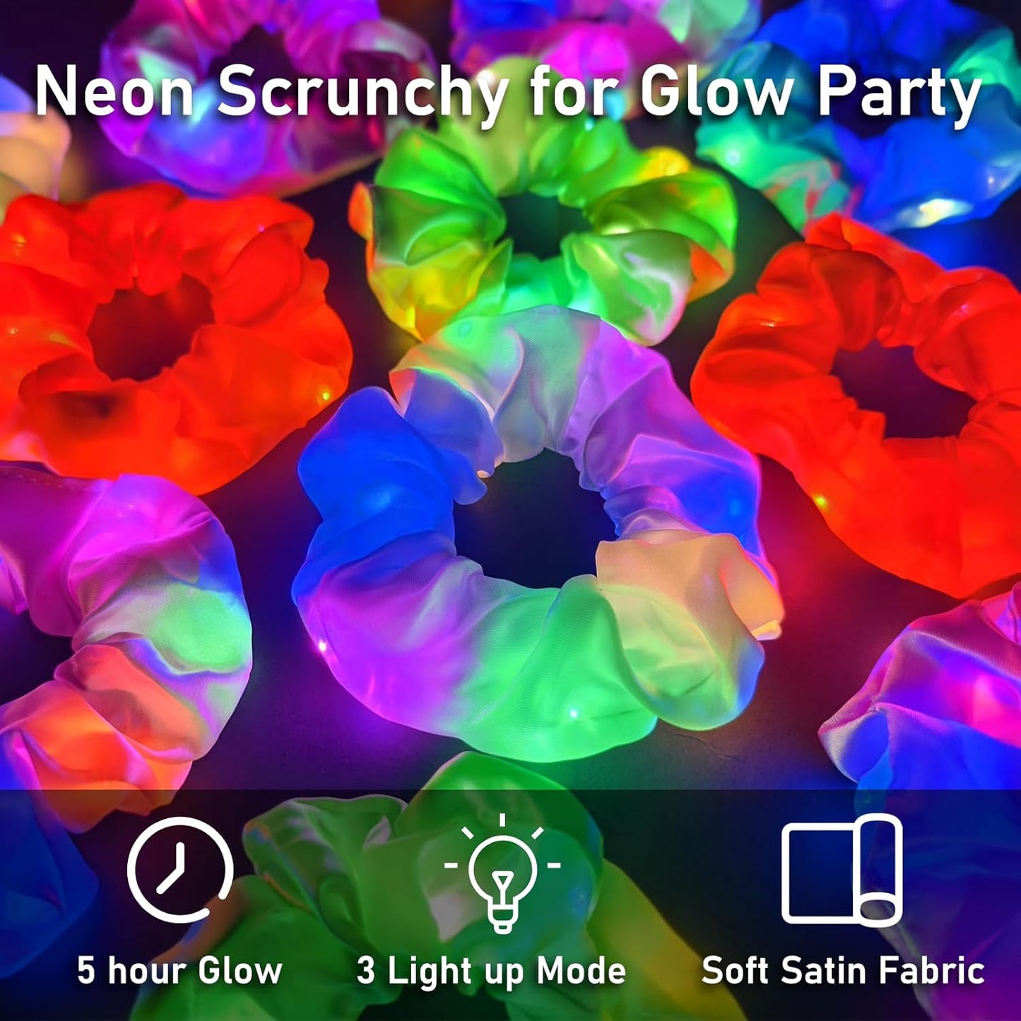 24PCS Light up Scrunchies for Girls, Glow in the Dark Party Supplies, 3 Glow Mode Satin Scrunchy, LED Hair Accessories for Birthday Party, Rave Party, Festival & Sleepover Party