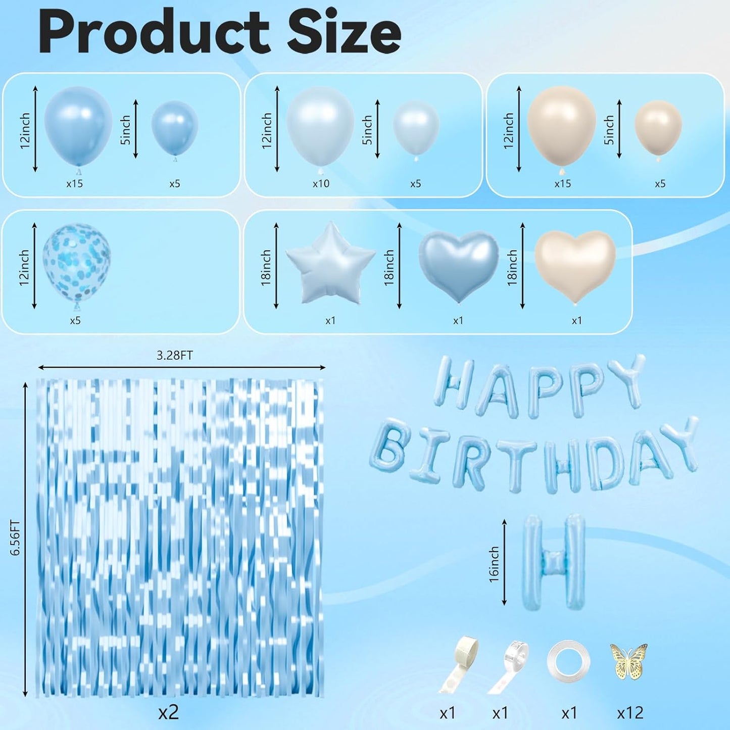 Light Blue Birthday Decorations, Dusty Blue Sand White Confetti Foil Balloons Happy Birthday Banner Fringe Curtains Gold Butterfly for happy birthday party decor
