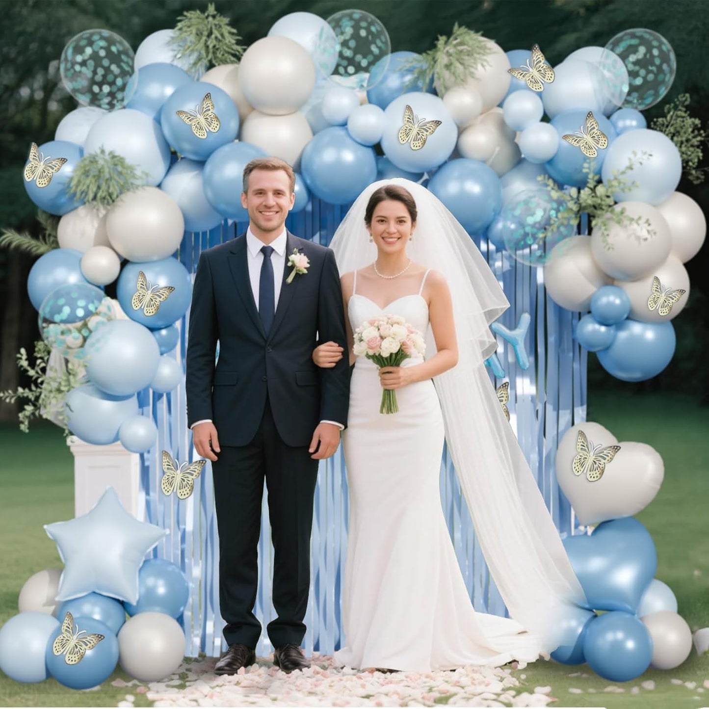 Light Blue Birthday Decorations, Dusty Blue Sand White Confetti Foil Balloons Happy Birthday Banner Fringe Curtains Gold Butterfly for happy birthday party decor