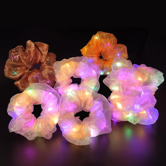 Light Up Scrunchies, Double-layer LED Scrunchy Hair Ties Glow in the Dark Party Supplies Glow Sticks Party Favor Festival Rave Accessories for Women Neon Party Gifts(9PCS-Pink Set)