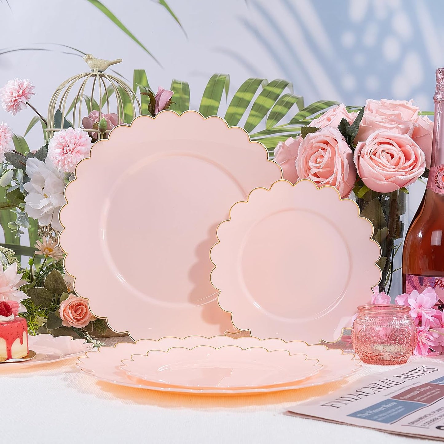 LIYH 120 Pcs Pink Plates Disposable Heavy Duty Gold Disposable Plates for Party Includes 60 Dinner Plate 10.25" & 60 Dessert Plate 7.5" Elegant Gold Rim for Bridal Shower Birthday