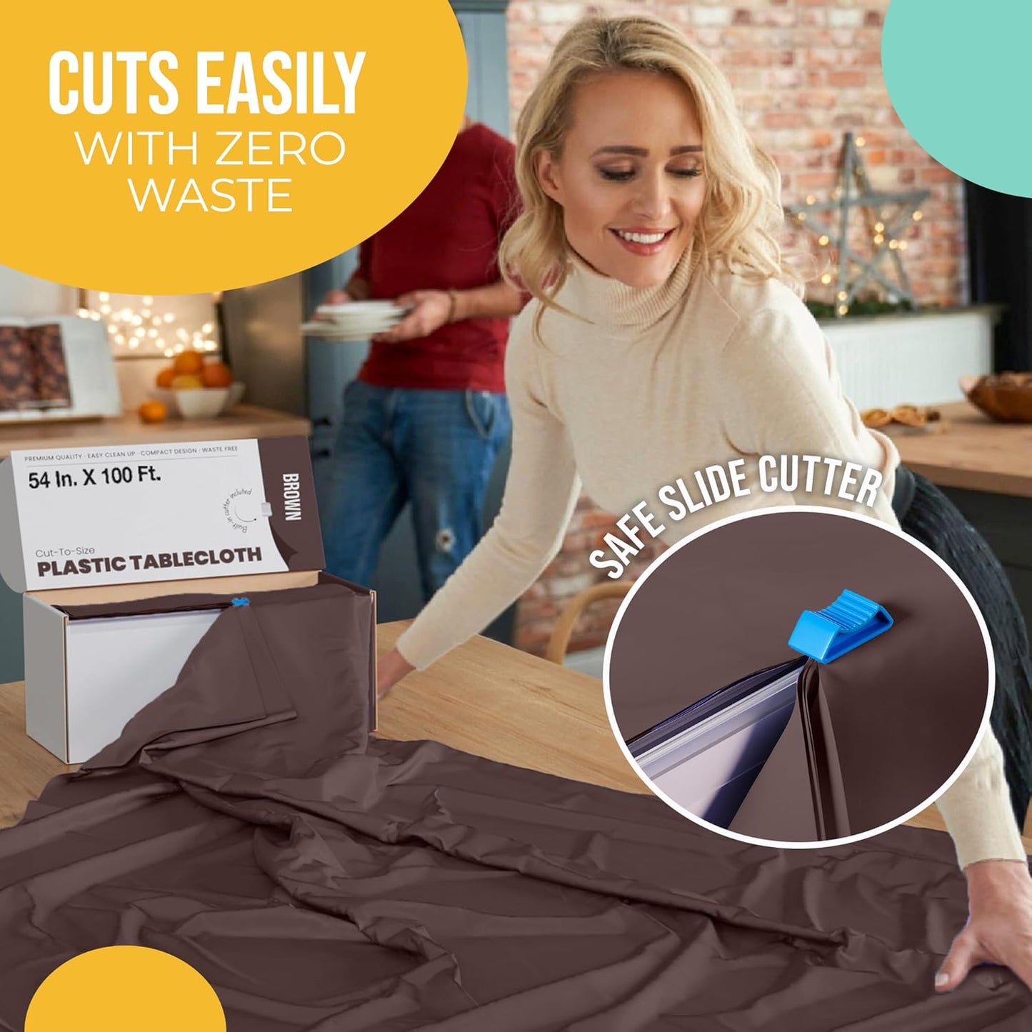 Party Solids 54 Inch X 100 Feet Brown Plastic Table Cover Roll in A Cut - to - Size Box with Convenient Slide Cutter. Cuts Up to 12 Rectangle 8 Feet Plastic Disposable Tablecloths