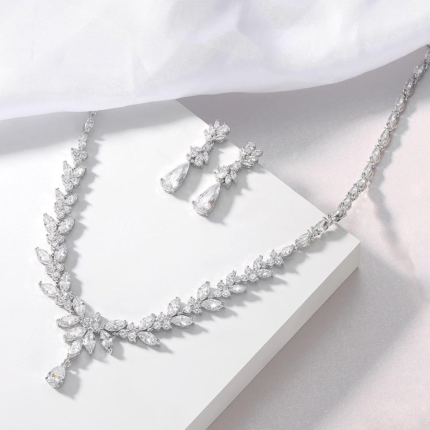 Jewelry Set for Women, Cubic Zirconia Necklace Dangle Earrings & Bracelet Jewelry Set for Bride Bridesmaid Wedding Engagement Prom Party