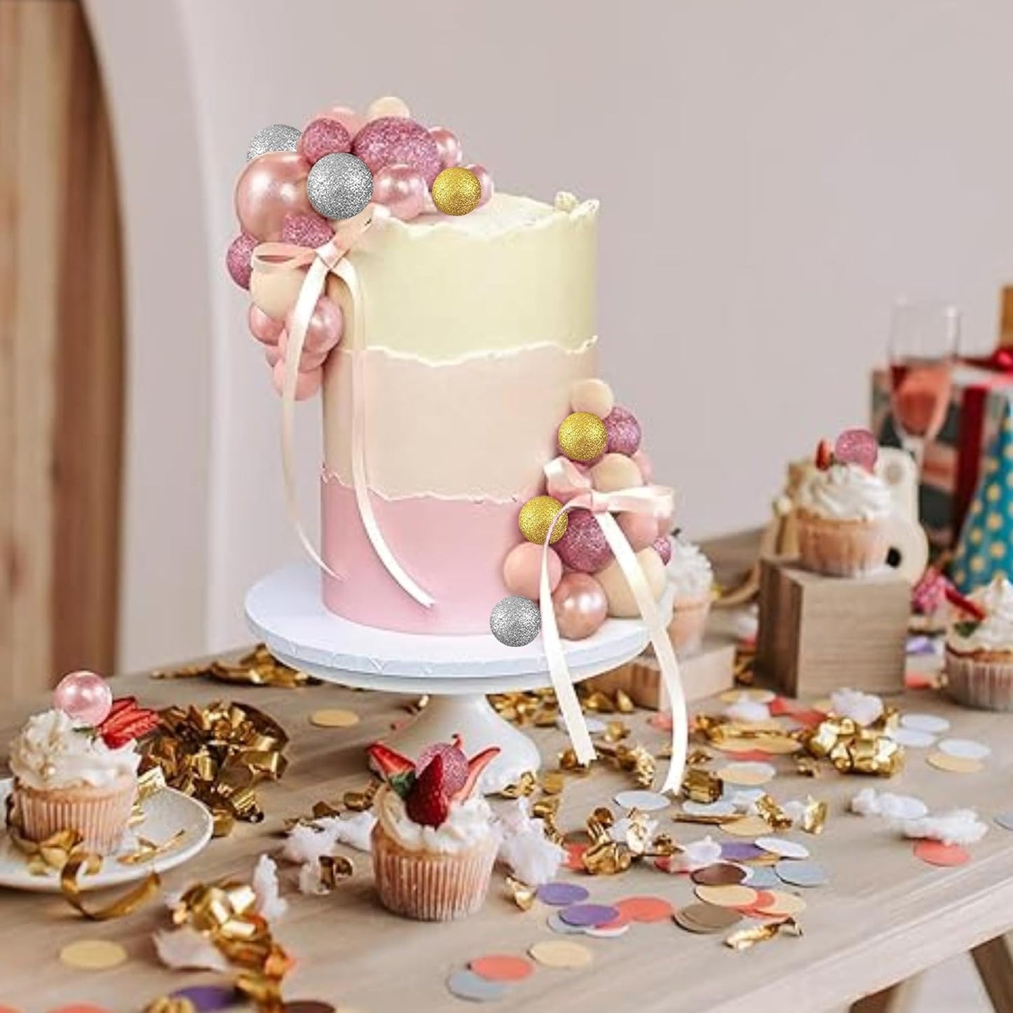 36 Pack Balls Cake Topper Decorations Foam Balloons Cake Decorations Mini Balloons Cake Toppers Balls Cake Picks for Baby Shower Wedding Anniversary Birthday Party Decorations Glitter Pink Gold Silver