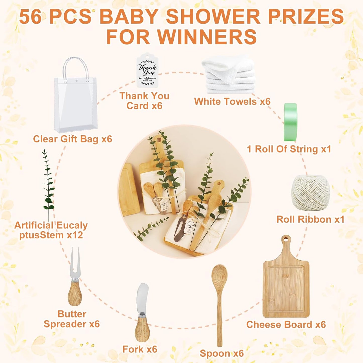 56pcs Baby Shower Prizes for Game Winners Adults, 6 Sets Bridal Shower Prizes for Guests Include Bamboo Cheese Board Spoon Butter Spreaders Fork Towel Roll Ribbon