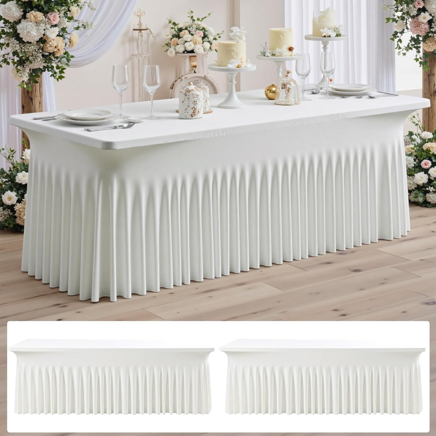 NSSONBEN 2 pk Ivory Spandex Tablecloth for 8 Foot Rectangle Tables,Wrinkle Free High Stretch Cream Fitted Tablecloths with Ruffle Skirt, Elastic Spandex Table Covers 8ft for Parties Weddings Banquet