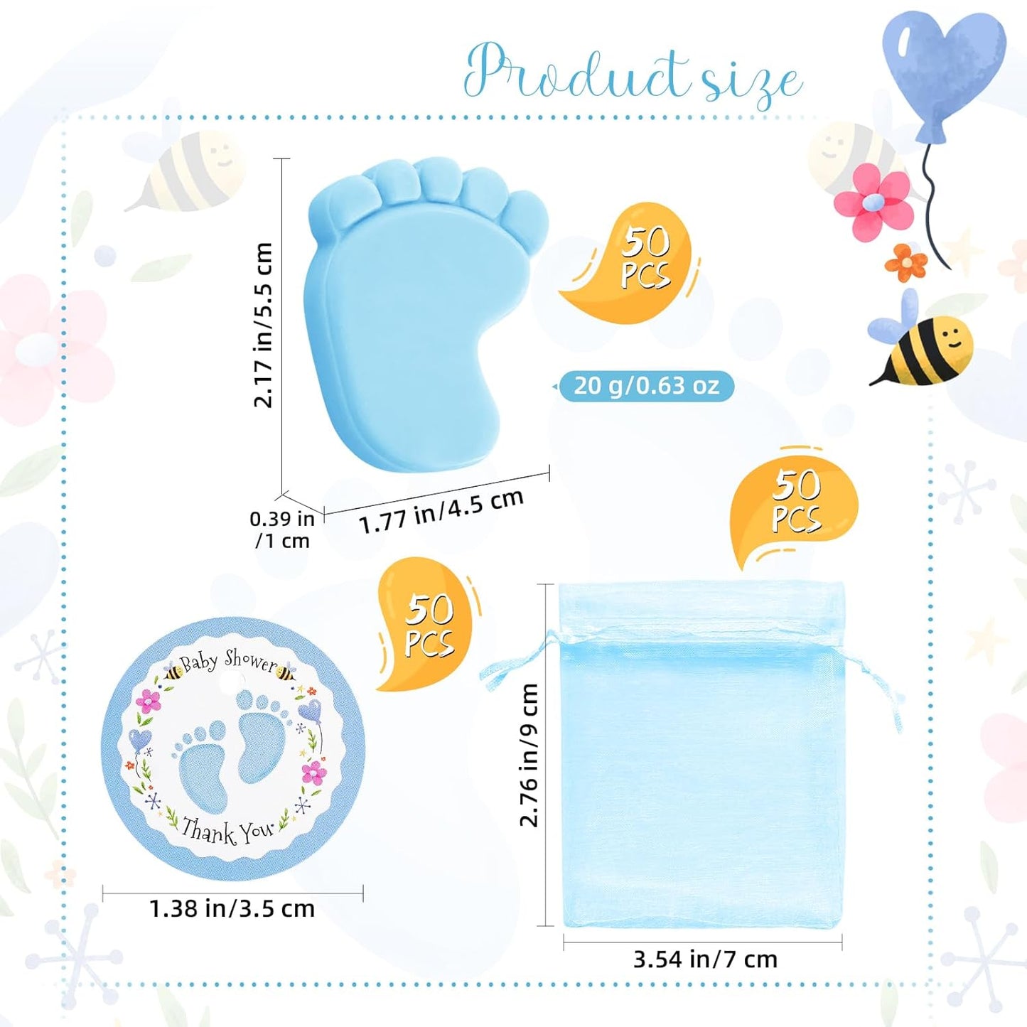 50 Sets Baby Shower Favors Refreshing Feet Soap Perfect for Guests Gifts with Organza Bags Thanks Cards Birthday Party Decoration Game Prizes（blue）