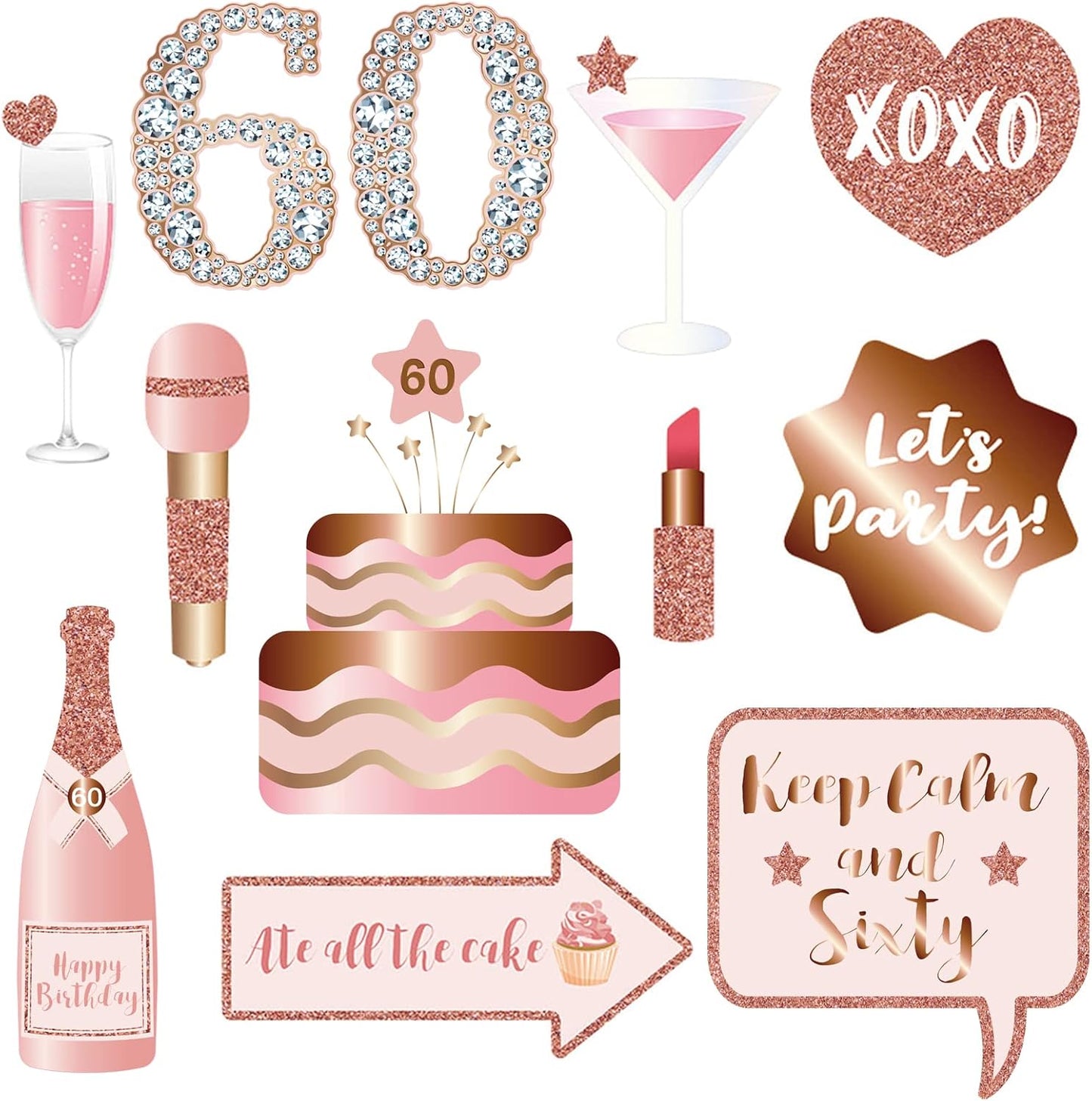 60th Birthday Party Photo Booth Props and Signs, Rose Gold 60 Birthday Party Selfie Props Kit with Sticks for Girls Women, Sixty 60th Happy Birthday Party Decorations Supplies Favors