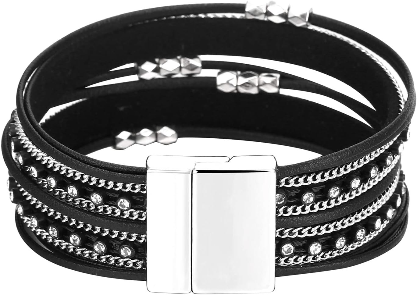 Fesciory Leather Wrap Bracelets for Women, Boho Leopard Multi-Layer Crystal Beads Cuff Bracelet Jewelry