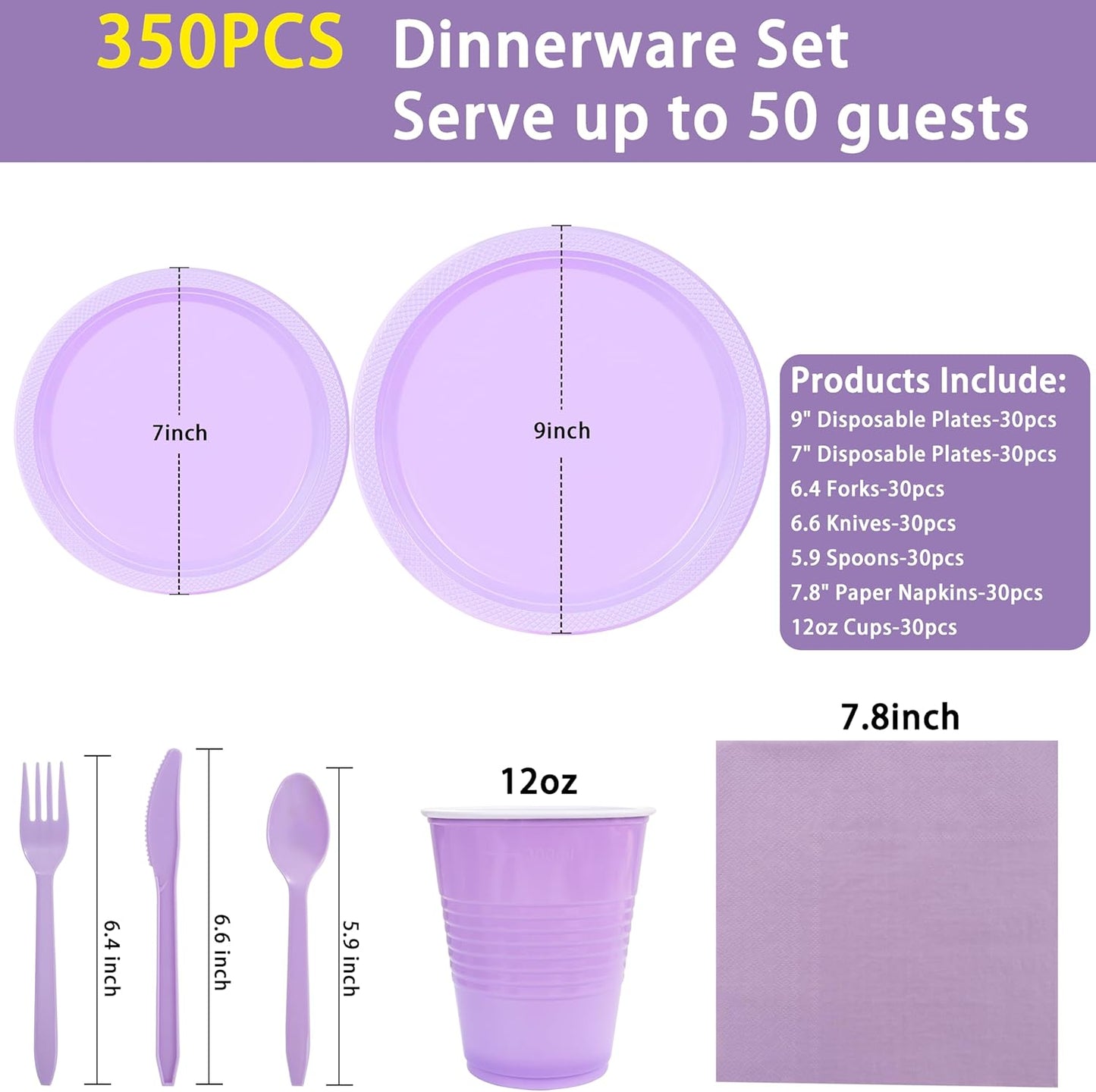 MirthMood 350PCS Lavender Plastic Plates,Lavender Disposable Plates Set – Plastic Plates Set Includes 50 Dinner,50 Dessert Plate,50 Cup&50 Napkins, 50 Lavende Silverware for Wedding & Birthday Parties