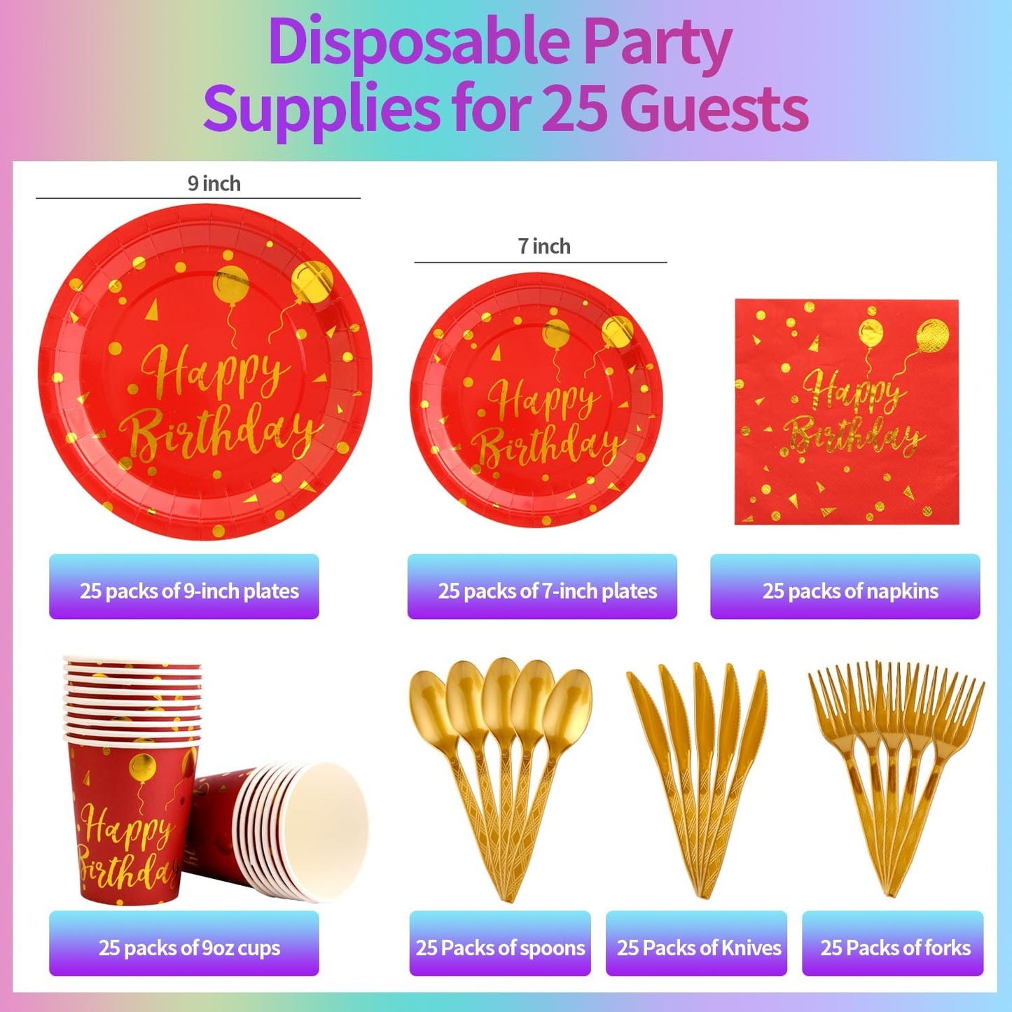 175 Pieces Gold Disposable Party Dinnerware Set &Disposable Birthday Party Dinnerware -Red Paper Plates Napkins Cups, Gold Plastic Forks Knives Spoons