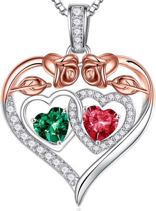 Iefil Double Birthstone Necklace Gifts for Wife Girlfriend Her Women, Birthstone Jewelry Gemstone Valentines Birthday Gifts for Her Women Wife Mom Grandma