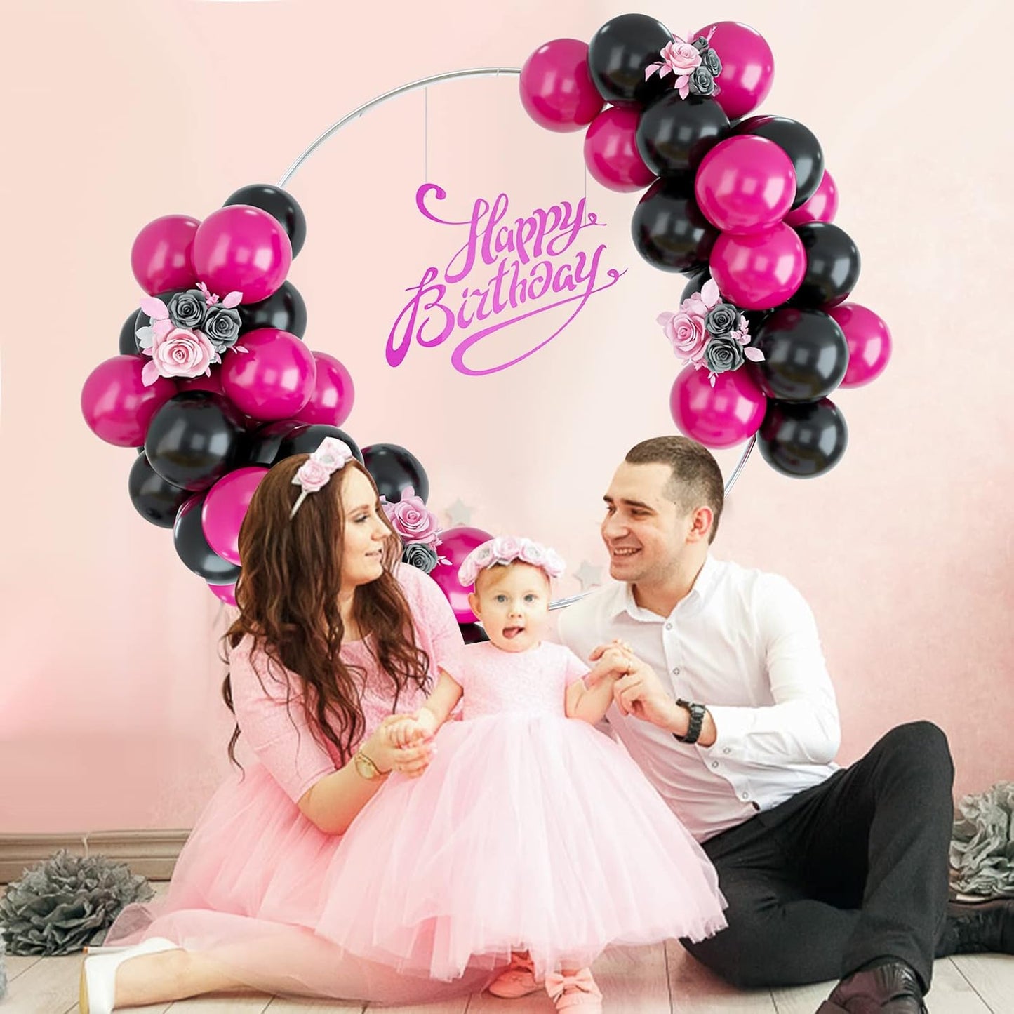Black and Hot Pink Balloons, 50PCS Balloon Arch Kit for Birthday, Wedding, Baby Shower, Engagement DIY Hula Hoop Decoration Party Supplies