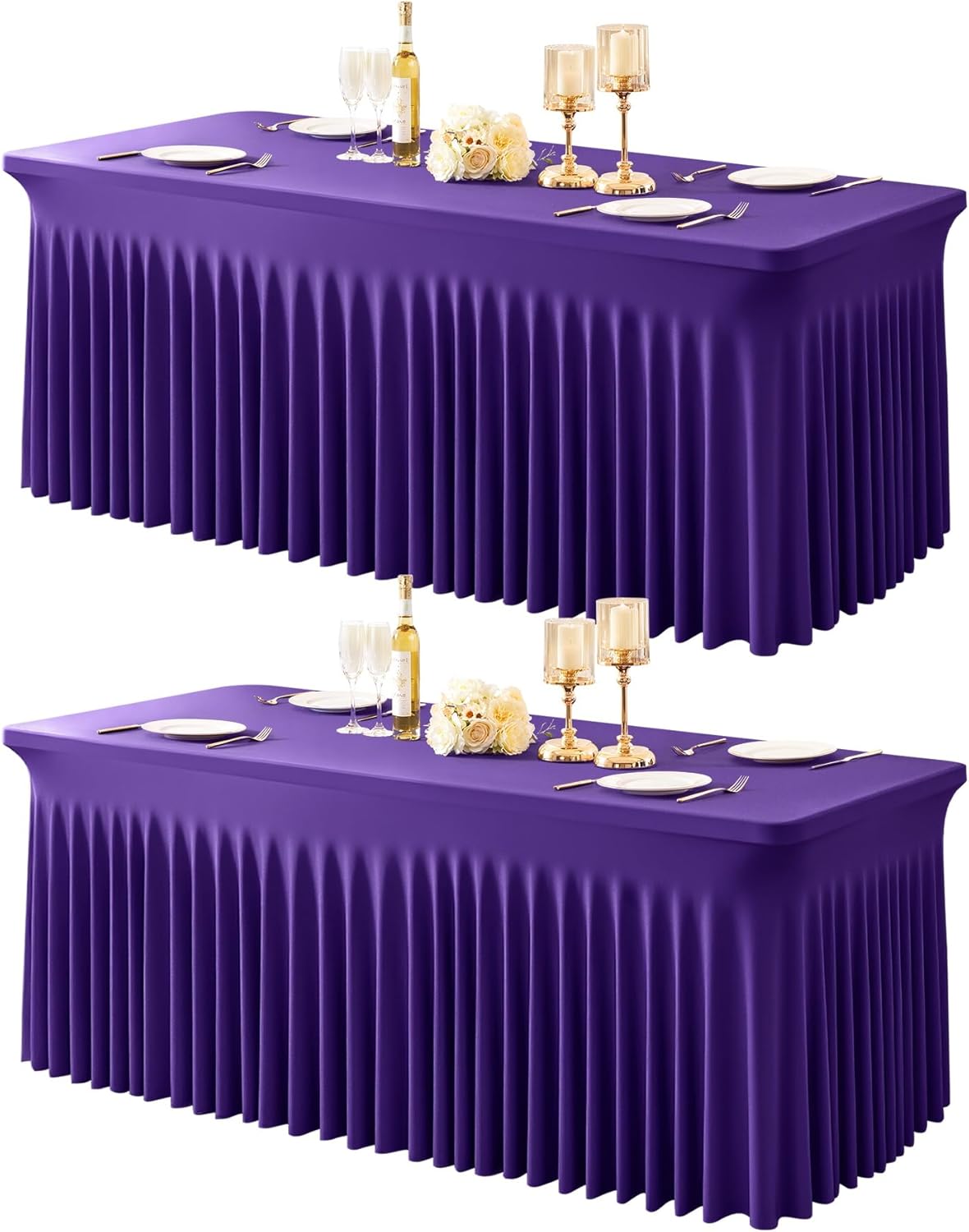 2 Packs Purple Table Clothes for 6 Foot Rectangle Tables, One-Piece Wrinkle Resistant Stretch Spandex Table Covers with Skirt for Event Banquet Wedding Birthday Party