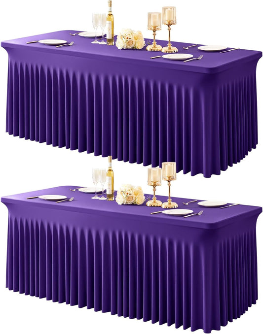 2 Packs Purple Table Clothes for 6 Foot Rectangle Tables, One-Piece Wrinkle Resistant Stretch Spandex Table Covers with Skirt for Event Banquet Wedding Birthday Party