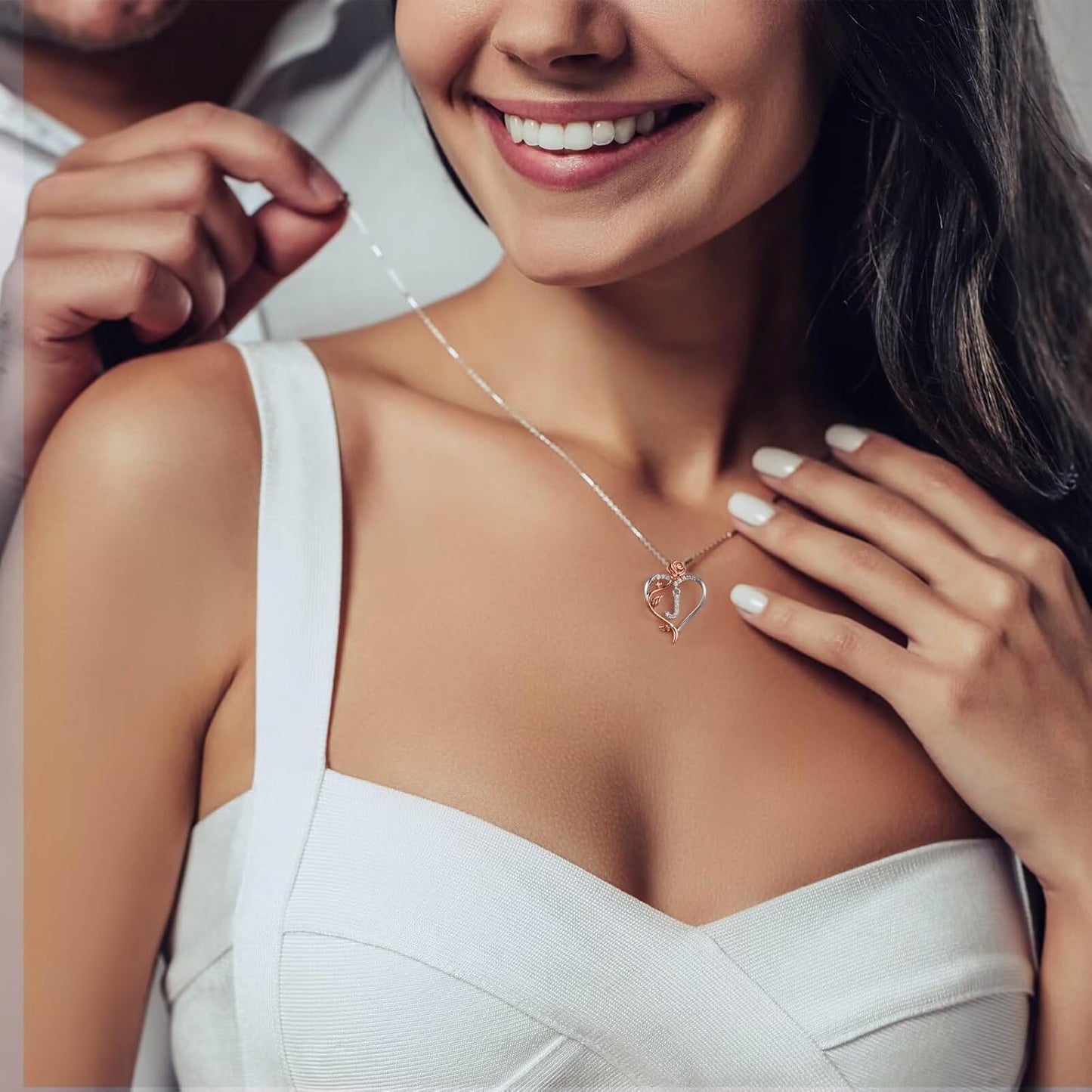 Iefil Christmas Gifts for Women Wife - 925 Sterling Silver Rose Heart Initial Necklace, Anniversary Birthday Gifts for Women, Jewelry Gift for Her Wife Girlfriend Mom Daughter