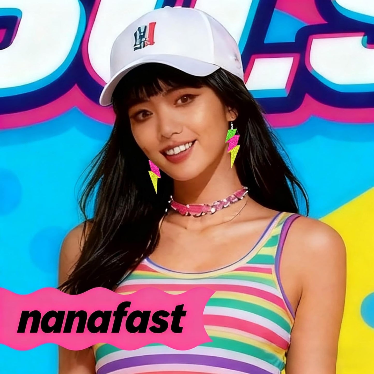 Nanafast 80S Neon Earrings Lightning Bolt Dangle Earrings for Women, 80s Accessories for Women Colorful Gradient Neon Jewelry