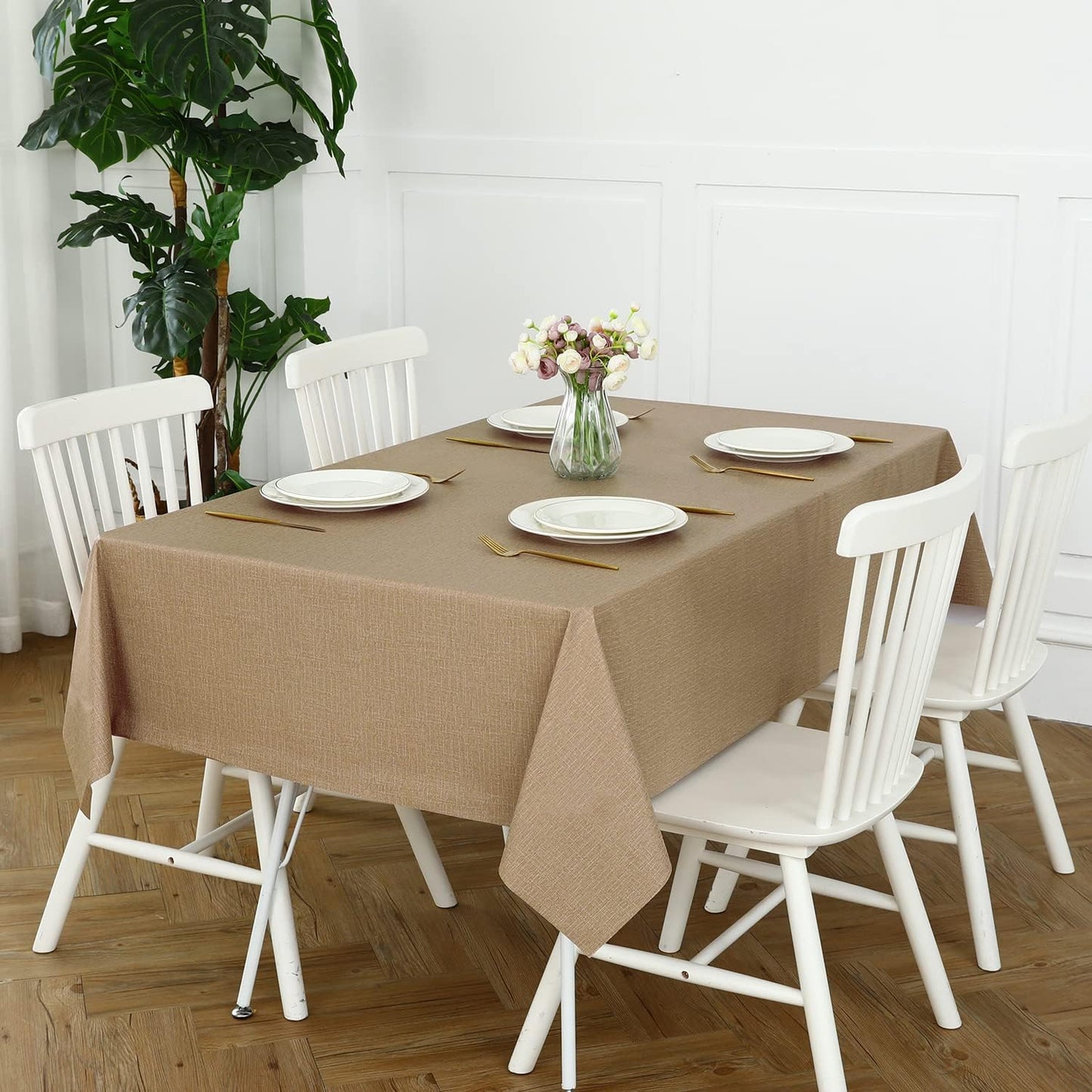 Romanstile 100% Waterproof PVC Tablecloth, Rectangle Oil Spill Proof Stain Resistant Vinyl Table Cloth, Wipe Clean Plastic Table Covers for Kitchen/Dining/Parties - 54 x 108 Inch, Caramel