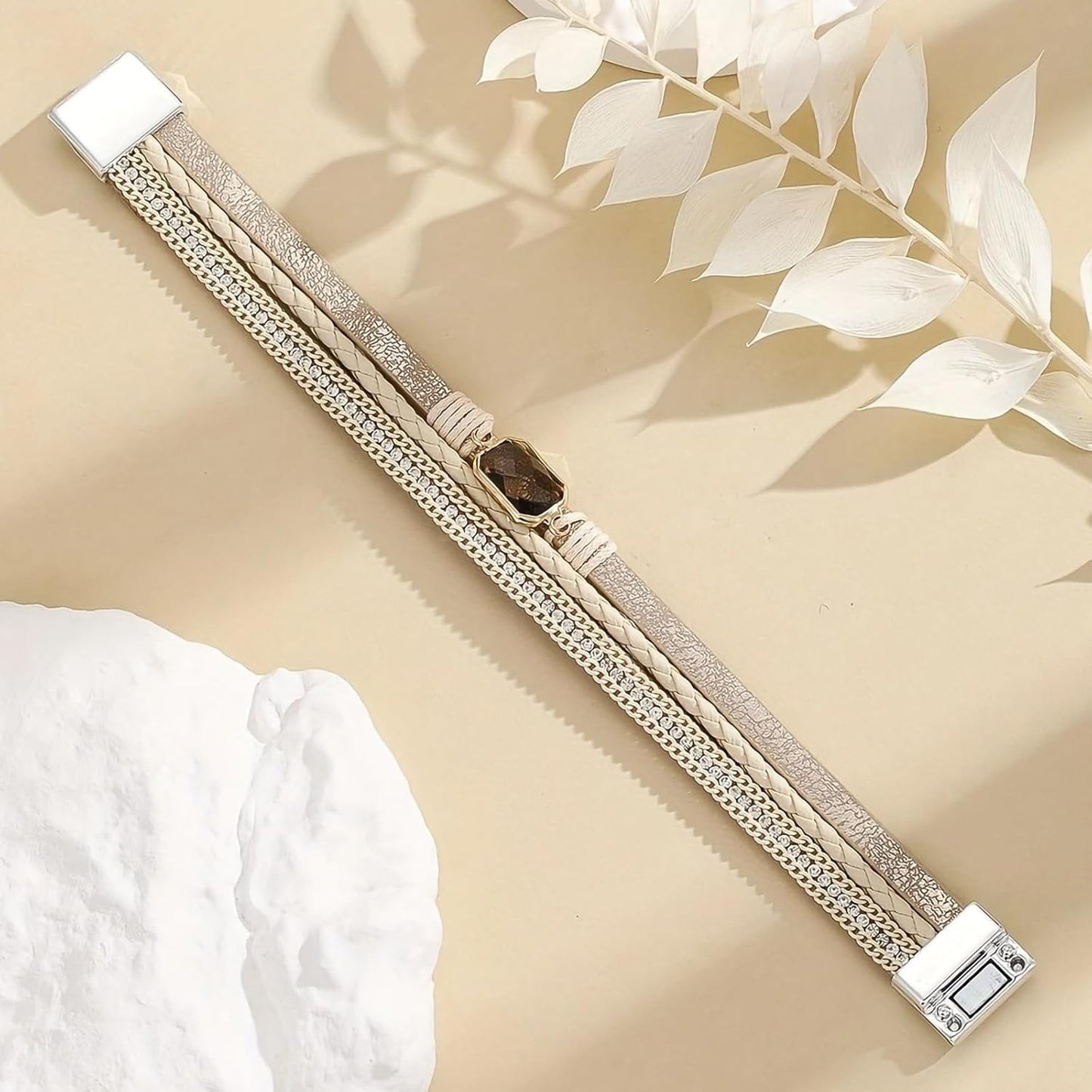 Fesciory Leopard Bracelet for Women, Boho Leather Wrap Multi-Layer Pearl Crystal Bracelet Bangle Jewelry