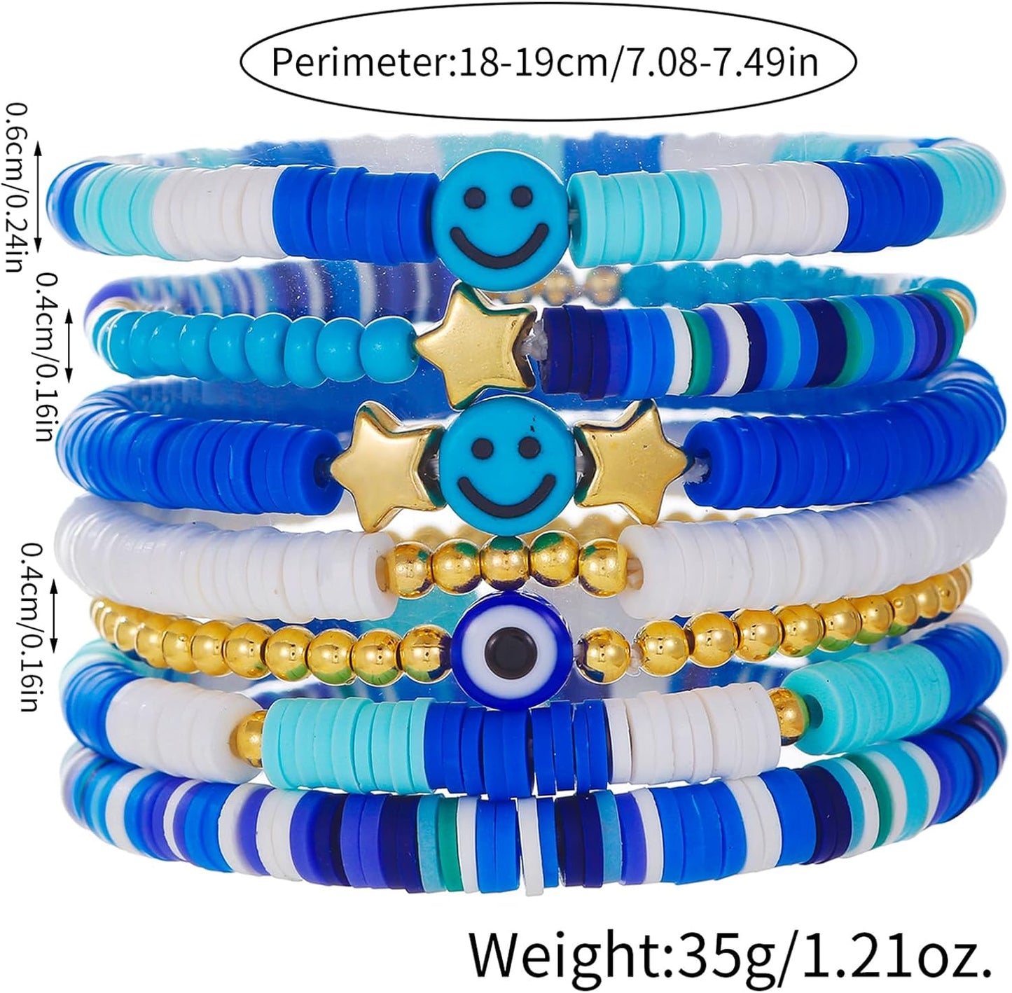 Friendship Bracelets for Women - Heishi Surfer Colorful Smile Evil Eye Clay Beaded Stretch Bracelets Elastic Layering - Stackable Boho Disc Y2K Aesthetic Summer Jewelry Set.