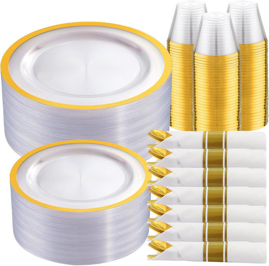 I00000 210 Pcs Clear Plastic Plates,Gold Disposable Plates,Include 30 Dinner Plates 10.25'',30 Dessert Plates 7.5'',30 Gold Rim Cups 30 Pre Rolled Napkins with Plastic Cutlery for Thanksgiving
