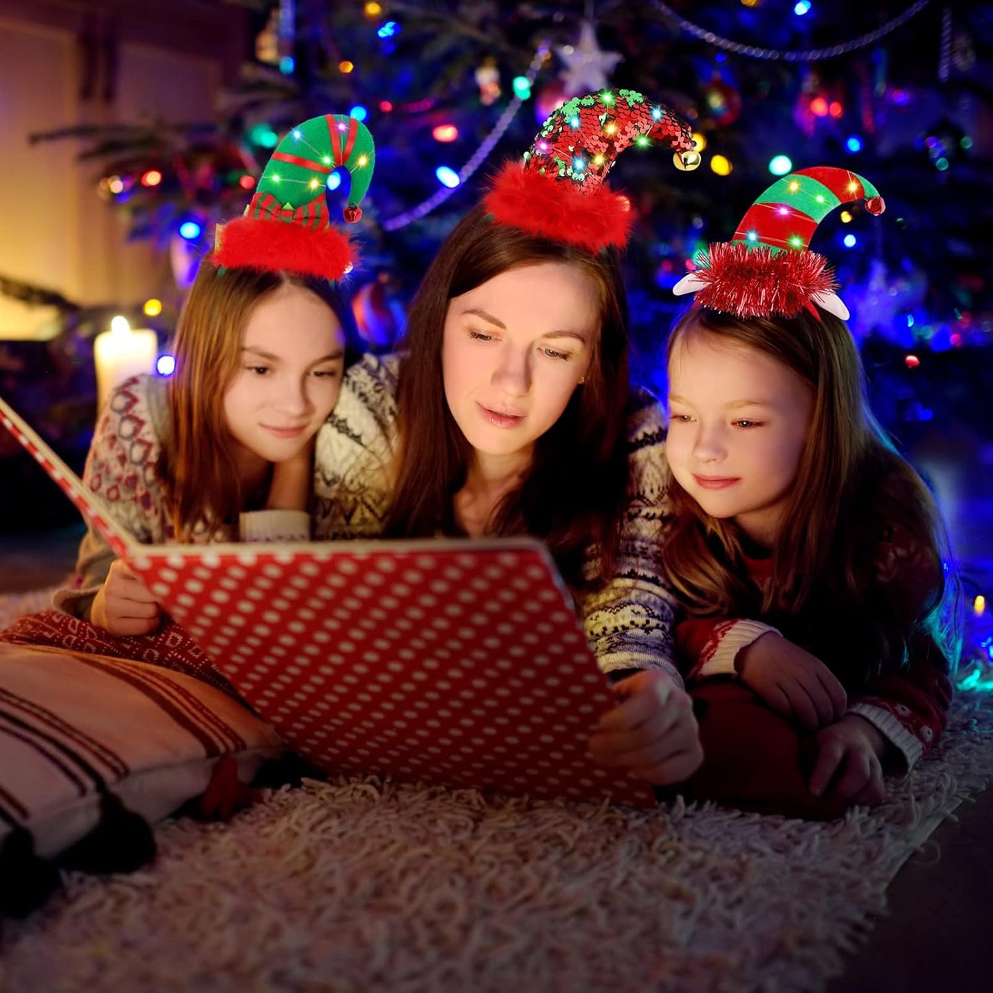 Aneco 3 Pieces Christmas Headbands Christmas Head Boppers with LED Lights Reindeer Antler Santa Elves Headbands, Assorted Styles for Xmas Party, Holiday Favors