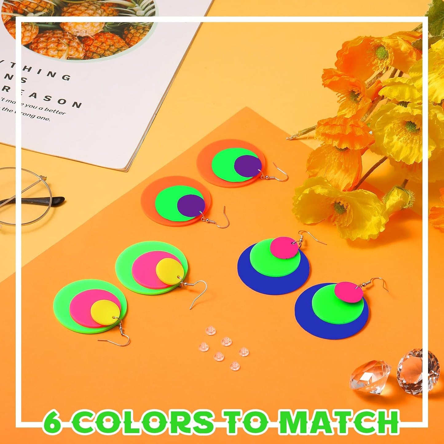 Yinkin 6 Pairs 80s 90s Neon Earrings Lightning Earrings for Women Halloween Costume Party Dancing Glow Party Accessory