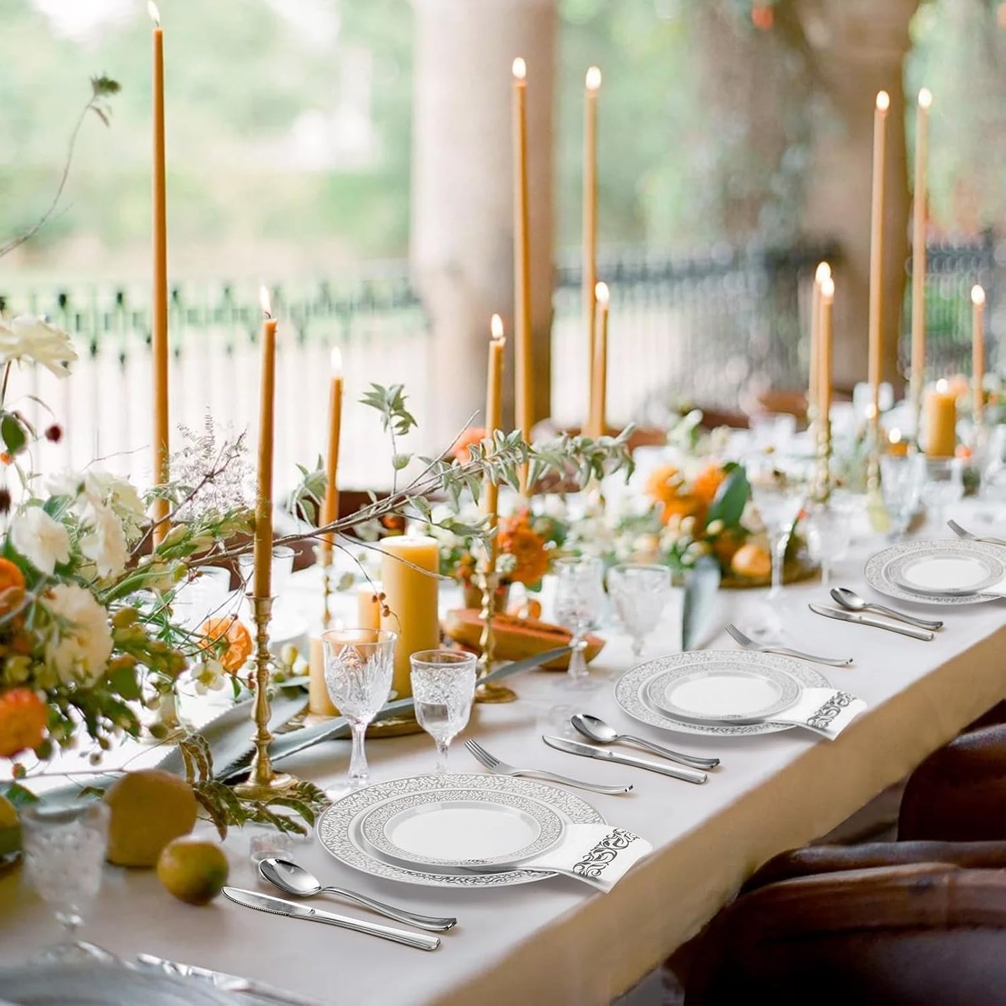 175PCS Silver Plastic Dinnerware Set for 25 Guests, Disposable Plates for Party, Wedding, Include 25 Dinner Plates, 25 Dessert Plates, 25 Set Silver Silverware, 25 Cups, 25 Napkins