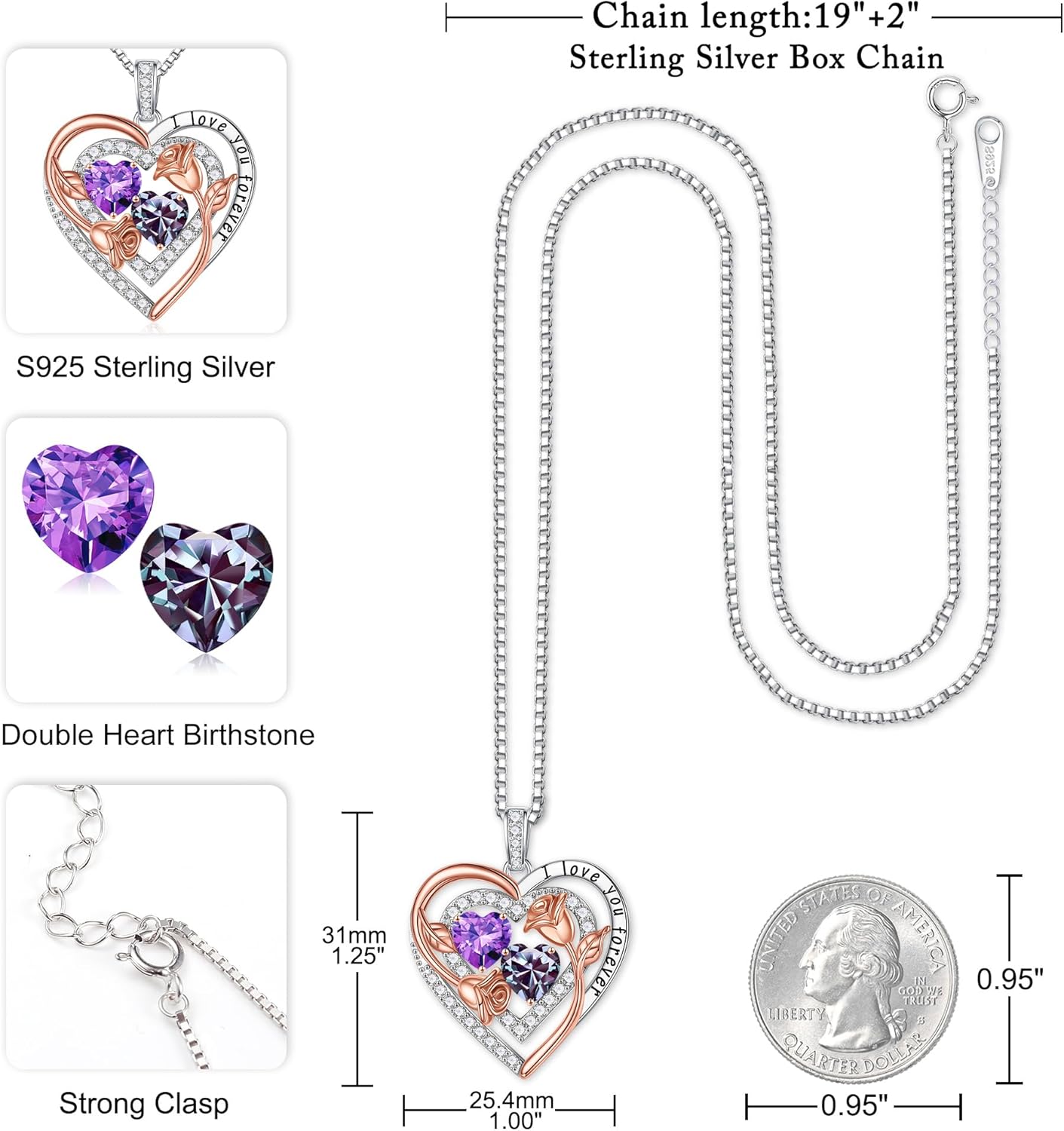 Iefil Birthstone Necklace for Women - Sterling Silver Birthstone Necklace Anniversary Birthday Gifts for Her Wife Mom Daughter