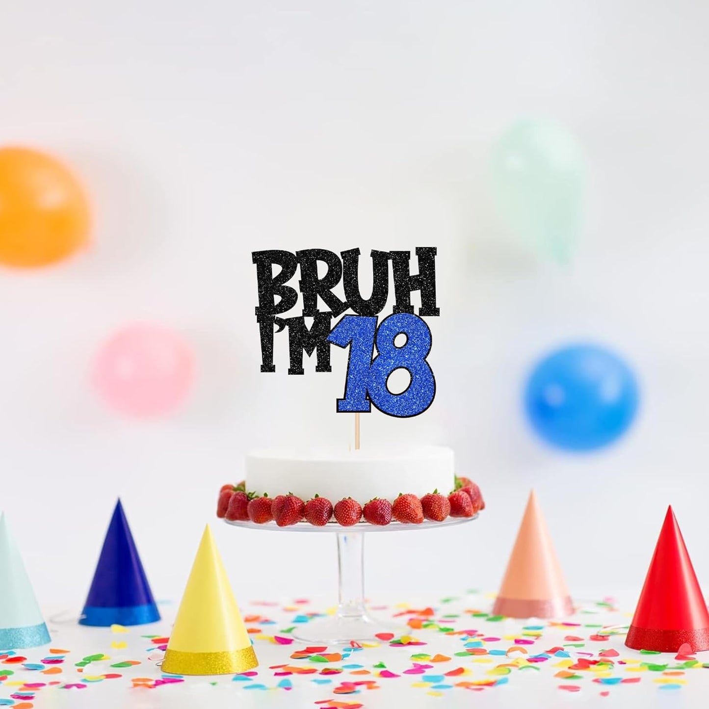 1 PCS Bruh I'm 18 Cake Topper Glitter Happy 18th Birthday Cake Pick Bro I'm 18 Cake Decoration It's My 18th Birthday Decorations for Cheers to 18 Years Old Birthday Anniversary Party Supplies Blue