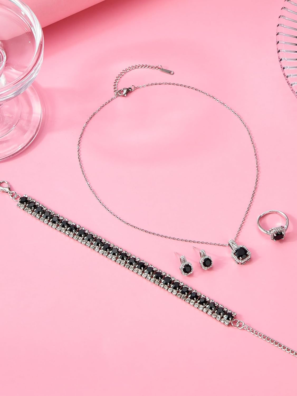 4pcs Cubic Zirconia Wedding Jewelry Sets for Bride Bridesmaid Cubic Zirconia Pendant Necklace Earrings Link Tennis Bracelet Open Ring Set for Women