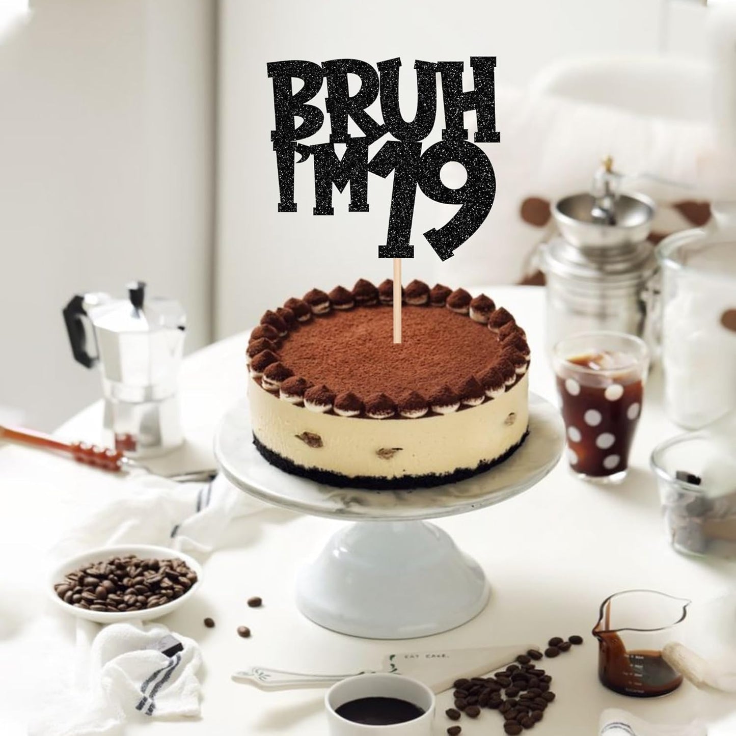 1 PCS Bruh I'm 19 Cake Topper Black Glitter Happy 19th Birthday Cake Pick Bro I'm 19 It's My 19th Birthday Cake Decoration for Cheers to 19 Years Birthday Party Decorations Supplies