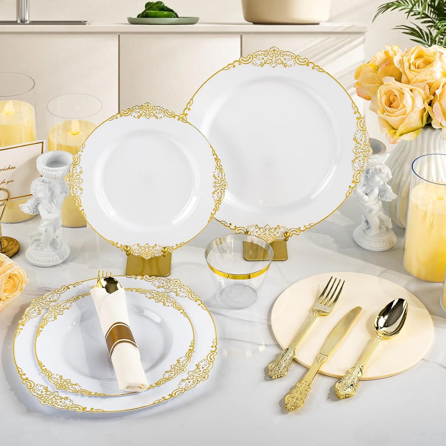 350PCS Gold Plastic Plates for 50 Guests, Disposable Dinnerware Sets Include 100 Gold Rim Plastic Plates, 50 Silverwares, 50 Cups, and 50 Pre Rolled Napkins for Party, Wedding, Graduation