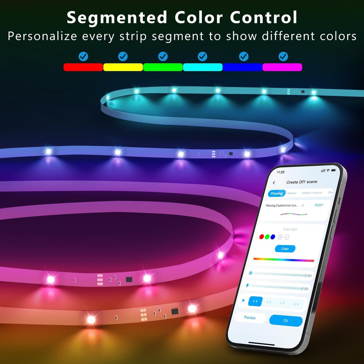 DAYBETTER 100ft Smart IC LED Strip Lights, BGRIC LED Lights for Bedroom, DIY Multiple Colors on One Line, App Control Color Changing Strip Lighting Music Sync Home Decor(1 Roll)